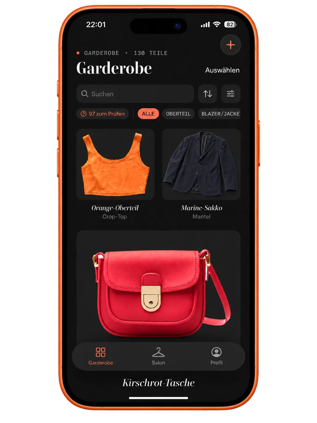 Try It wardrobe view on an iPhone: searchable clothing items with categories and names