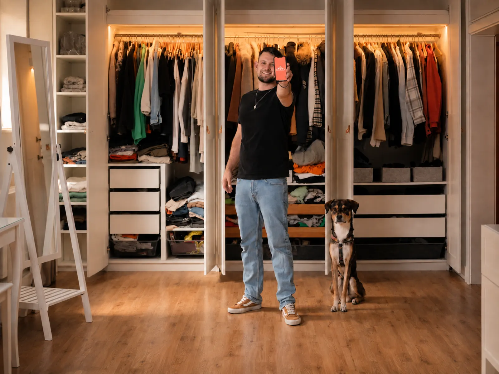 Gründer von Try It mit seinem Hund vor dem geöffneten Kleiderschrank, ein Smartphone in der Hand