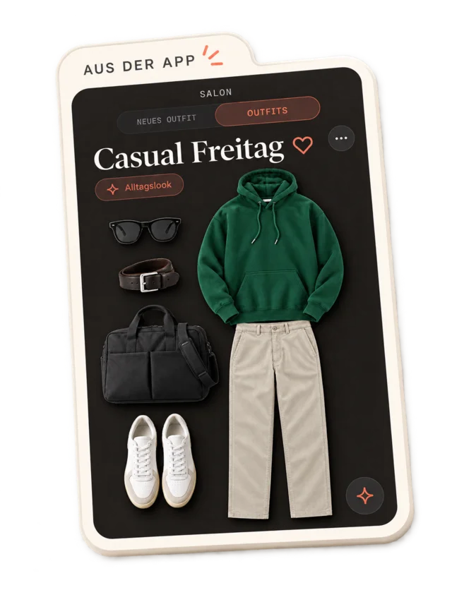 App-Ansicht Aus der App: Salon-Screen mit Outfit Casual Freitag aus grünem Hoodie, beiger Chino und weißen Sneakern