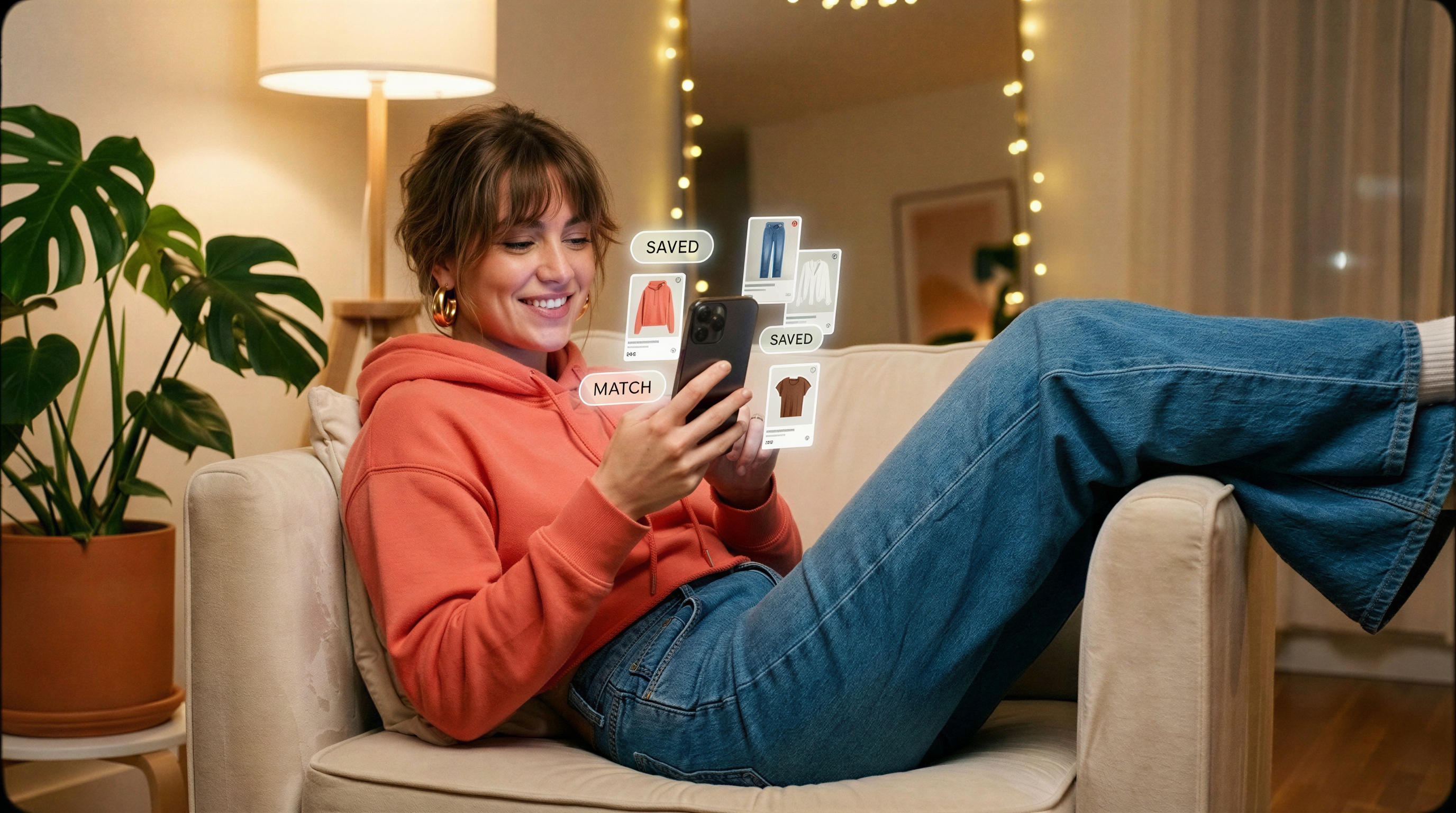 Young woman browsing outfit options on her phone with floating UI cards showing saved items and matches