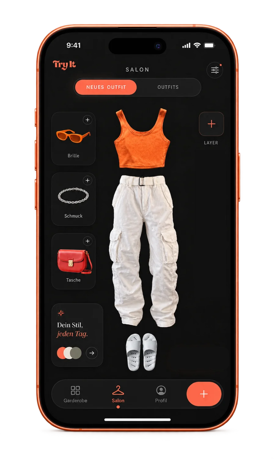 Oranges iPhone mit der Try It Salon-Ansicht: Outfit aus Top, Cargohose und Accessoires