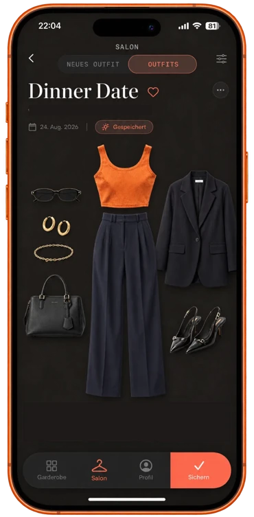iPhone-Mockup: Salon-Ansicht Dinner Date mit orangem Top, dunkelblauer Hose und Blazer