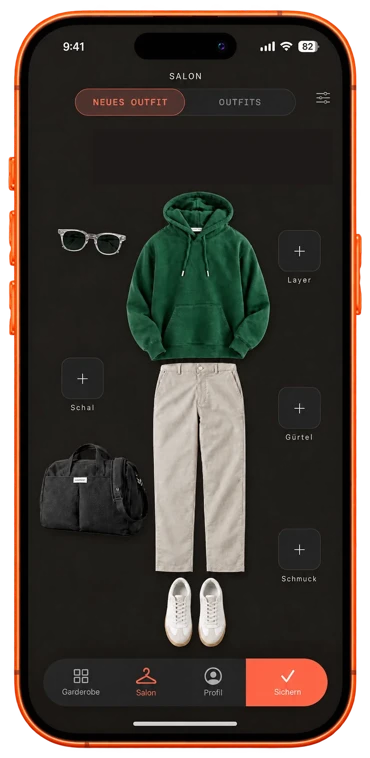 iPhone-Mockup: Salon-Ansicht Casual Freitag mit grünem Hoodie, beiger Chino und weißen Sneakern