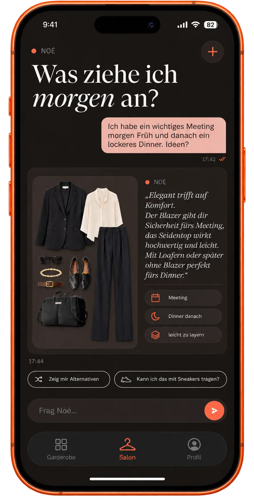 App-Ansicht: Noé schlägt ein Outfit für ein Meeting und Dinner vor