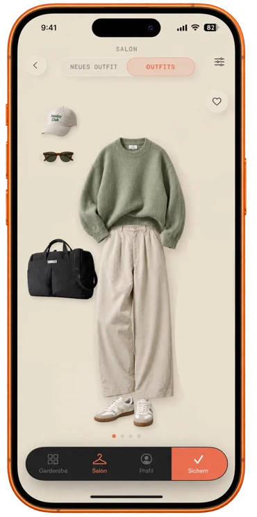 iPhone-Mockup: Salon-Ansicht Sonntags-Look mit Cap, grünem Strickpullover und beiger Hose