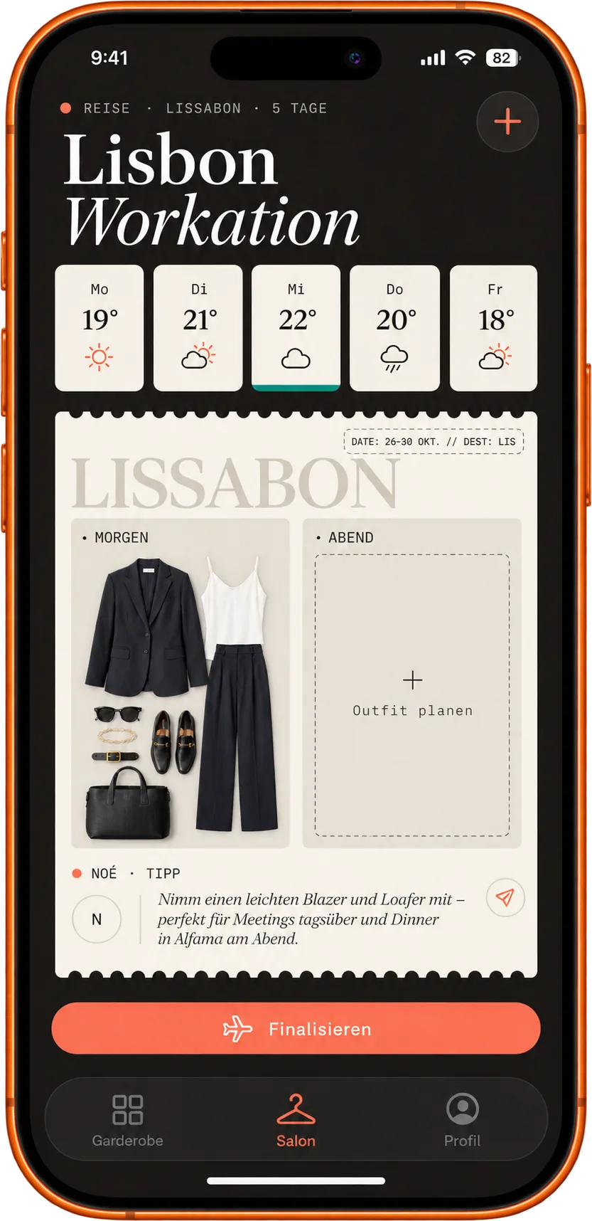 iPhone-Mockup: Reiseplan Lissabon mit Wetter und Outfit des Tages
