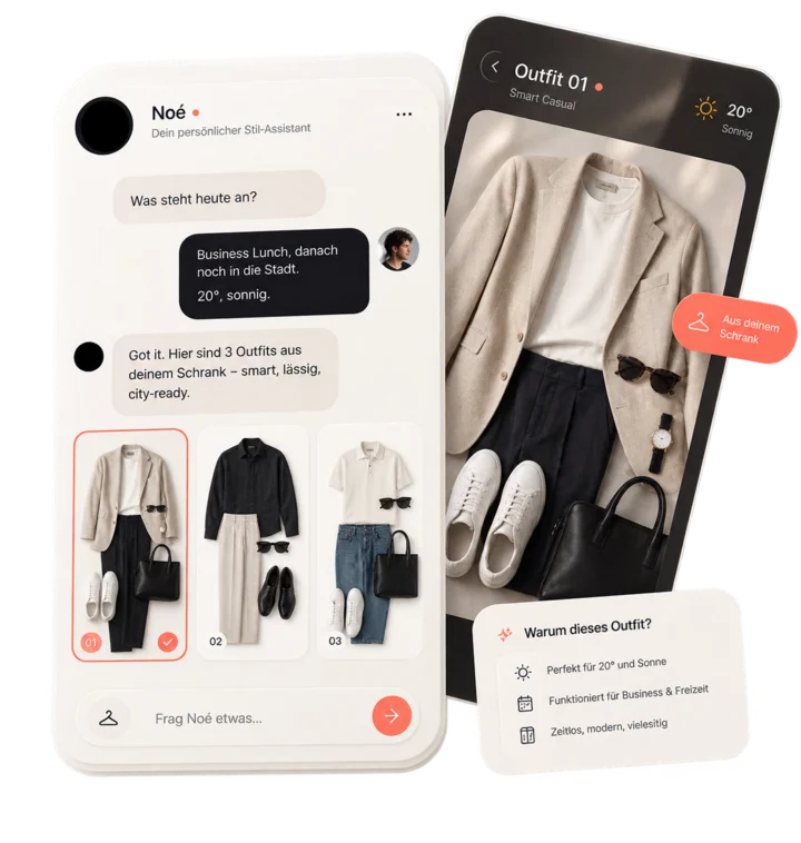 App-Ansicht: Noé-Empfehlung mit Outfit-Vorschlag und zwei Alternativen