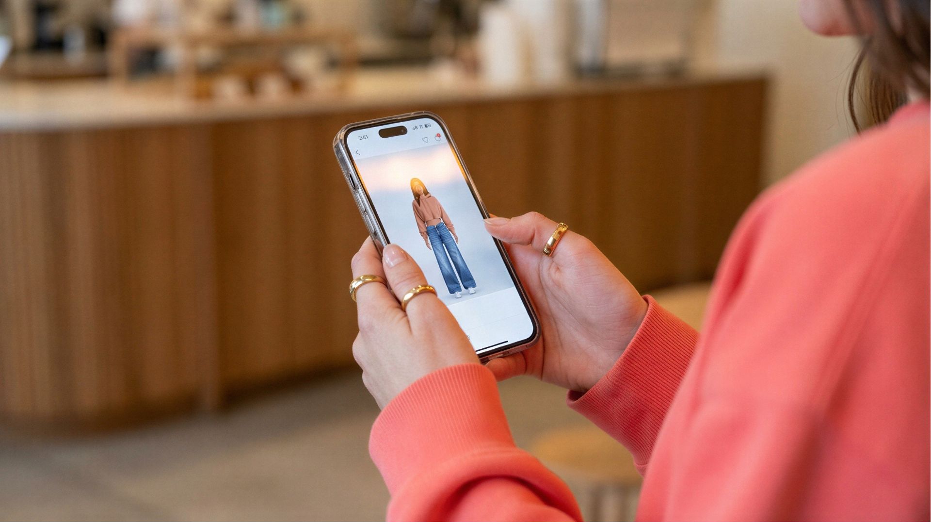 Woman viewing virtual try-on result on phone