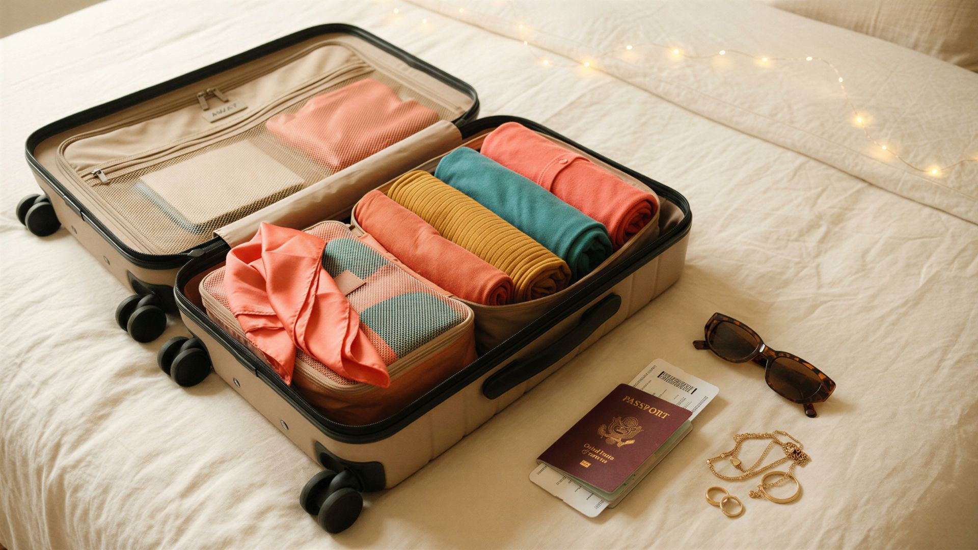 Perfectly packed suitcase with organized outfits