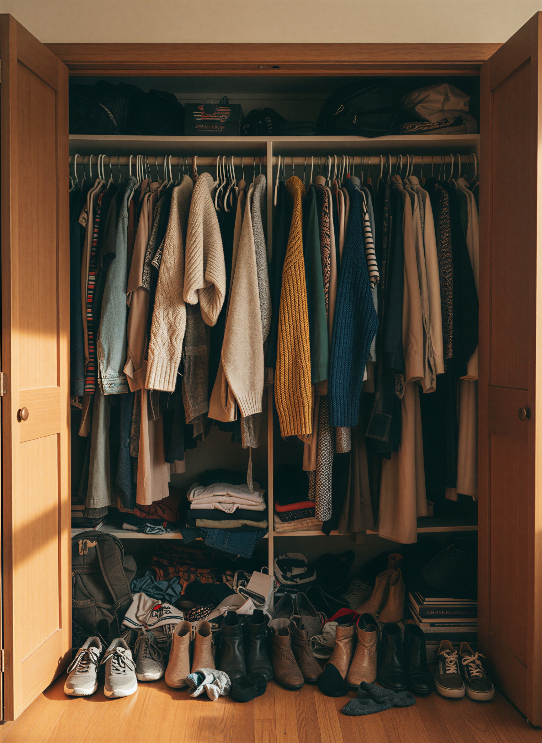 Overflowing messy wardrobe closet with clothes disorganized