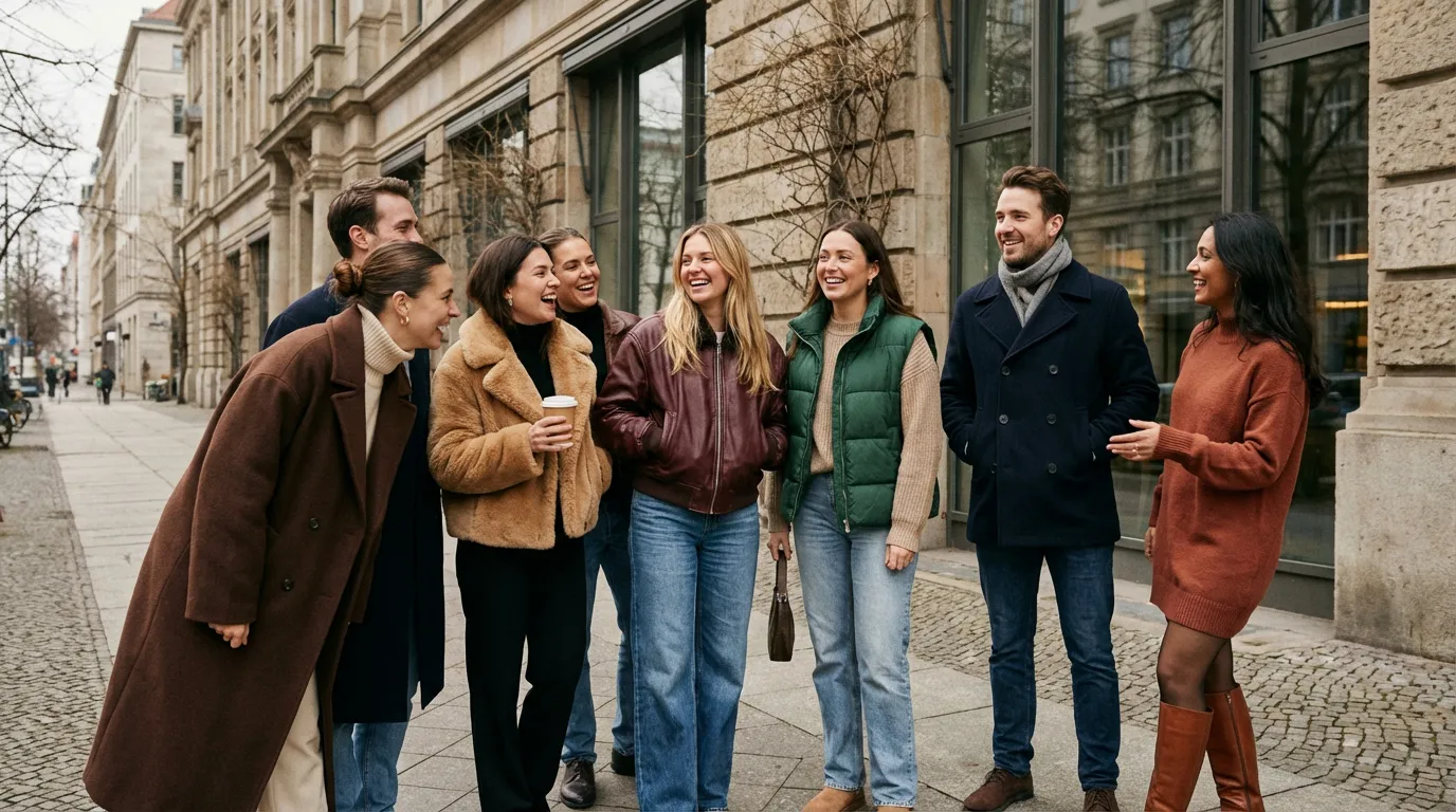Group of stylish friends laughing together on a Berlin street, wearing 2025 fashion trends