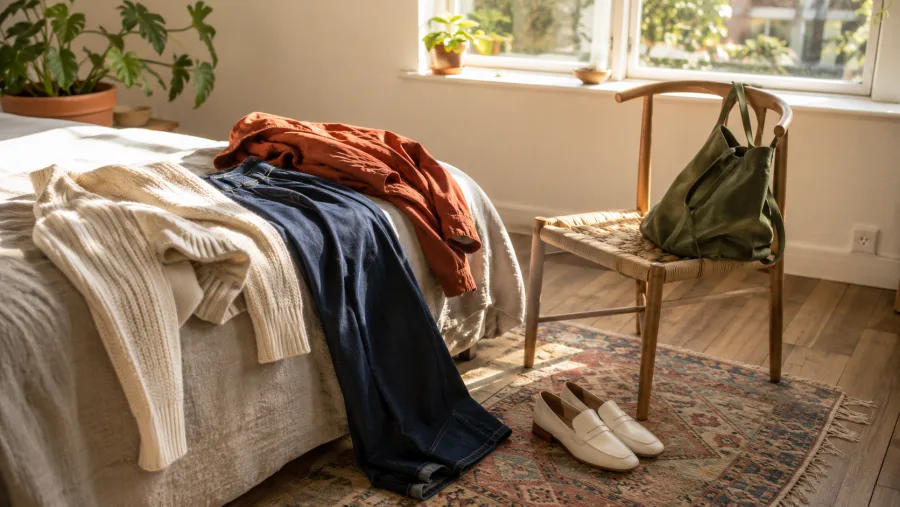 Zusammengelegte Kleidungsstücke und Schuhe auf einem Bett neben einem Stuhl