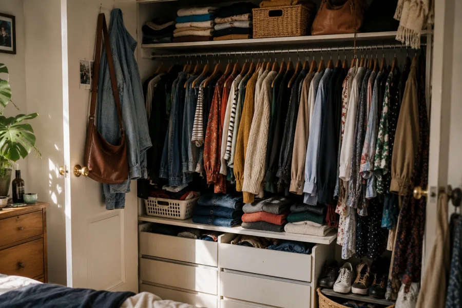 Offener Kleiderschrank voller sortierter Kleidungsstücke auf Bügeln